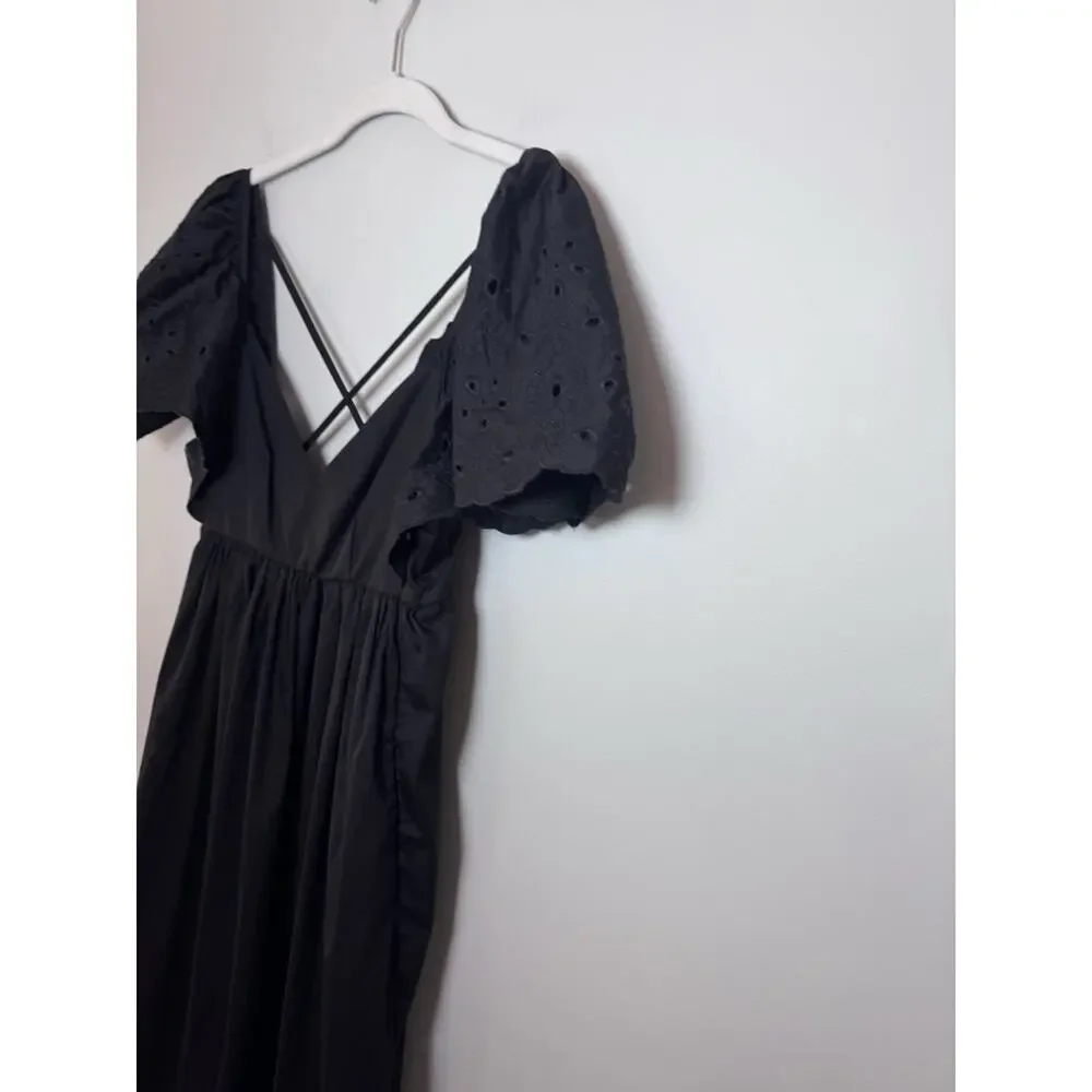 En Saison Barnette Black Midi Dress Eyelet Sleeves Size XS Pockets NWT